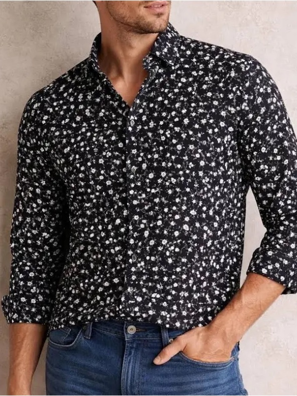 Express Floral Button Down Shirt - Black/Ivory